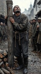 16th-century black-and-white photo style of a man tied to a post with firewood, surrounded by villagers in a misty rural setting
