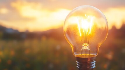 A classic incandescent light bulb, glowing softly with a warm yellow light, isolated on a bright background.