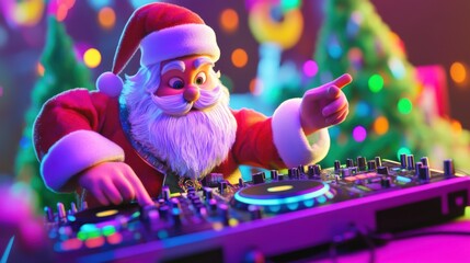 Jolly Santa Claus in Red Suit Joyfully Mixing Music at a DJ Booth Surrounded by Christmas Trees and...