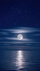 Full moon reflecting on calm ocean under a starry sky