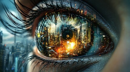 Eye, A realistic rendering of a human eye reflecting a complex cityscape, showcasing intricate details of the iris and pupil.