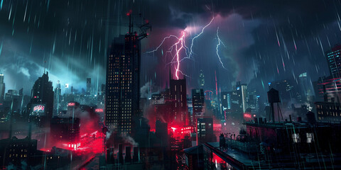 Naklejka premium Futuristic cityscape with neon lights during a thunderstorm at night.