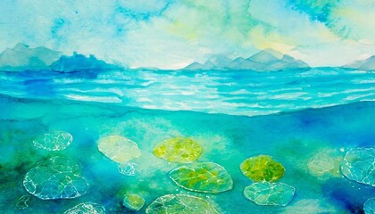 Captivating transparent water illustration by Vita featuring intricate hand-painted details, showcasing serene aquatic textures, ripples, and realistic reflections in vibrant watercolor