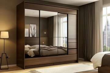 Modern mirrored wardrobe, bedroom, city view.