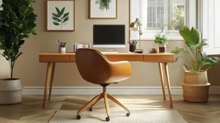 Fototapeta premium Home office workspace with a tan leather chair, light wood desk, and potted plants. A minimalist and calming aesthetic.