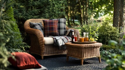 Fototapeta premium Relaxing wicker patio furniture with plaid throw pillows and a cozy blanket, perfect for enjoying a summer afternoon outdoors.