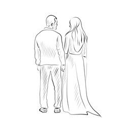 Line drawing. Couple in love, man and woman in line art style. Wedding