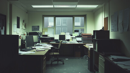 Empty office with papers and computers in dim light