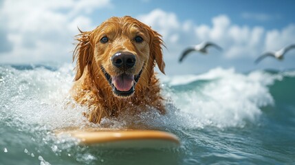 Happy golden retriever dog surfing ocean wave.