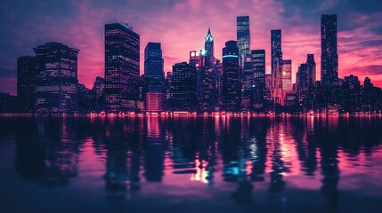 Obraz premium Dusk Skyline View of a City with Glowing Windows Reflected in Water