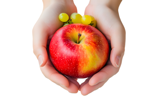 Hand full of grapes and an apple. a bunch of grapes and an apple holding in the hand