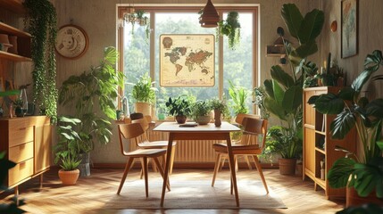 Sun-drenched dining room filled with lush greenery, creating a calm and inviting atmosphere. A world map hangs in the window, hinting at wanderlust.