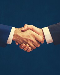 A close-up of two hands shaking, symbolizing agreement, partnership, or collaboration against a solid blue background.