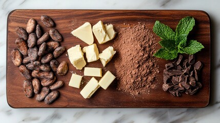 Cacao beans arranged on a wooden board with pieces of cocoa butter, cocoa powder, and fresh mint leaves