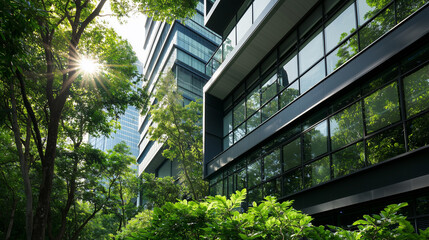 Modern Office Building with Green Trees in Foreground