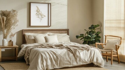 Neutral-toned bedroom with a beige linen duvet, rattan headboard, and natural decor. Calm and serene.