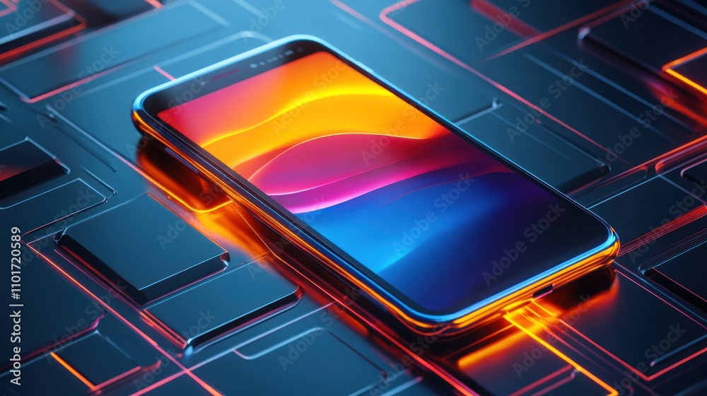 Poster vibrant smartphone displayed on abstract neon surface