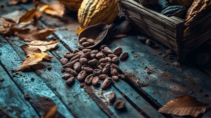 Close up of raw cacao beans scattered across a rustic wooden table, surrounded by cocoa pods and dried leaves