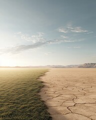 Fototapeta premium A contrasting landscape split between lush green grass and dry, cracked earth under a clear sky, symbolizing environmental changes.