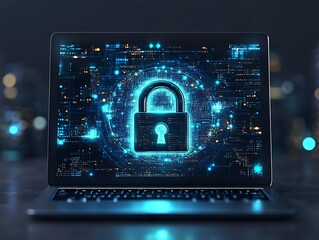 Fototapeta premium Cybersecurity: Digital Lock on Laptop Screen - 3D Render. AI Generated