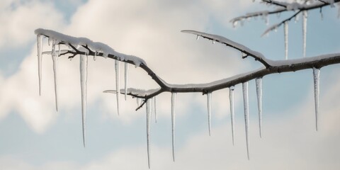 Fototapeta premium A branch covered in icicles hanging from it.
