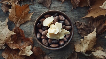 Rustic flat lay of cacao beans arranged in a bowl with cocoa butter, on a wooden surface surrounded by dried leaves
