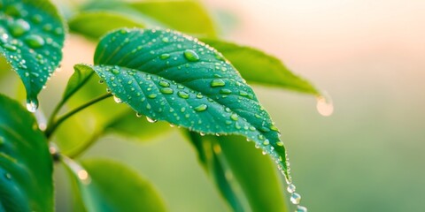 Obraz premium Fresh green leaves with dew drops in natural light.