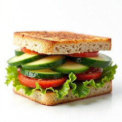 A delicious sandwich with fresh lettuce, tomato, and cucumber slices, layered. A perfect representation of gourmet fast food