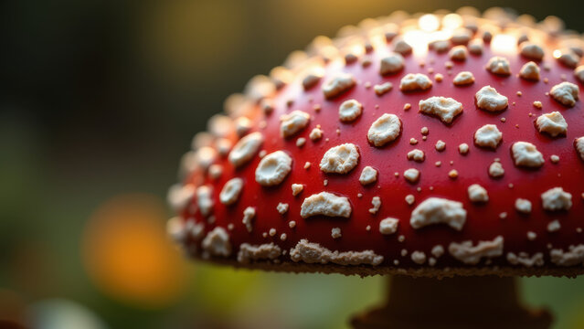 A close-up photograph of a vibrant red mushroom with tiny white spots on its cap, showcasing the detailed texture of muscimol mushrooms.
