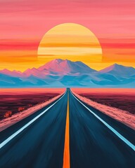 A vibrant sunset painting features a long road leading towards mountains, with bold colors of pink, orange, and yellow dominating the sky.