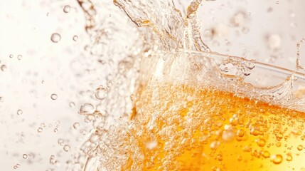 Close-up of orange champagne splashing upward in a glass, creating a festive scene with bubbles, on a crisp white background