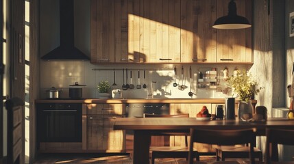 Fototapeta premium Warm sunlight streams into a rustic kitchen, illuminating wooden cabinets and a farmhouse-style table set for a meal. The scene is peaceful and inviting.