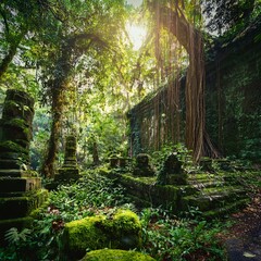 Obraz premium ジャングルの古代遺跡_「苔と蔓に覆われた神秘的な遺跡。緑豊かなジャングルの奥深くに隠れています。樹冠の間から差し込む太陽の光が、古代の彫刻や石像に神秘的な輝きを放っています。