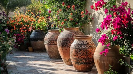 Charming traditional ceramic clay pots adorn a garden, a testament to the rich heritage of the United Arab Emirates. Captured in a vibrant photograph