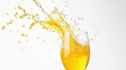Golden orange juice champagne spilling slightly over a glass rim, with vibrant motion frozen in time, on white