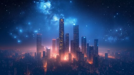 A futuristic city skyline with glowing skyscrapers under a starry night sky