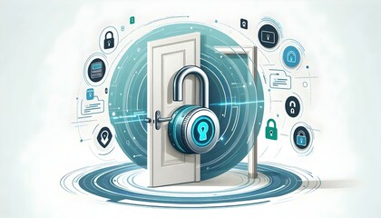 Obraz premium Flat Holographic Smart Lock Concept with Floating Security Icons in Modern Business Setting