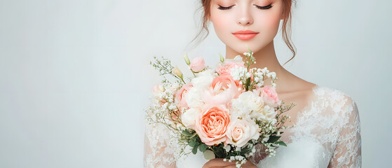 Obraz premium Wedding photos with a clean background for free space for text. For use with advertising banners for weddings or Valentine's Day.