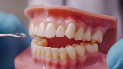 Obraz premium Dental exam demonstration on a model of human teeth and gums