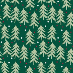 Obraz premium Seamless Pattern Pines Tree Forest. Background Green Forest With Snow White Red Holiday. Winter Pine Trees Repeat Illustration Fabric Motif. 