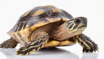 Obraz premium Vivid image of a turtle isolated on a clean white background, showcasing intricate details of its shell, head, and legs, ideal for educational, commercial, or design purposes in