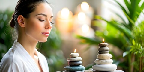 Obraz premium Close Up Portrait Woman Practicing Mindfulness Stone Garden Candid Inner Peace Spa Retreats