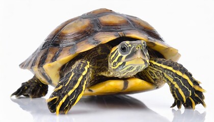Obraz premium Graceful turtle isolated on a white background, showcasing its intricate shell details, natural textures, and unique features ideal for wildlife photography, educational use, and creative