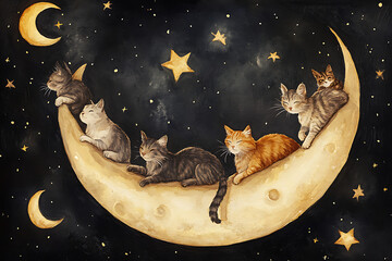 A whimsical illustration of cats resting on a crescent moon surrounded by stars.