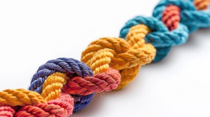 A braided rope made up of different colored threads, representing a strong and diverse team, on a white background