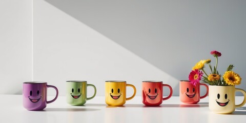 mugs with smiling cheerful faces joy happiness one with flowers.
