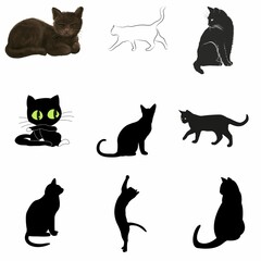 set of cats silhouettes, set of black cats on white background 