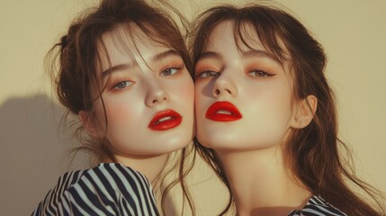Captivating twin models pose together in stylish outfits