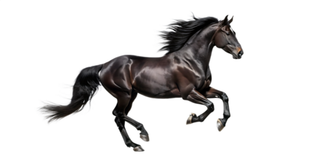 Handsome black stallion galloping, jumping. isolated on white background as transparent. PNG. AI GENERATED.