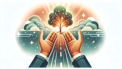 Flat Abstract Road Leading to Tree with Bokeh Effects Illustrating Growth Journey in ESG Negotiations